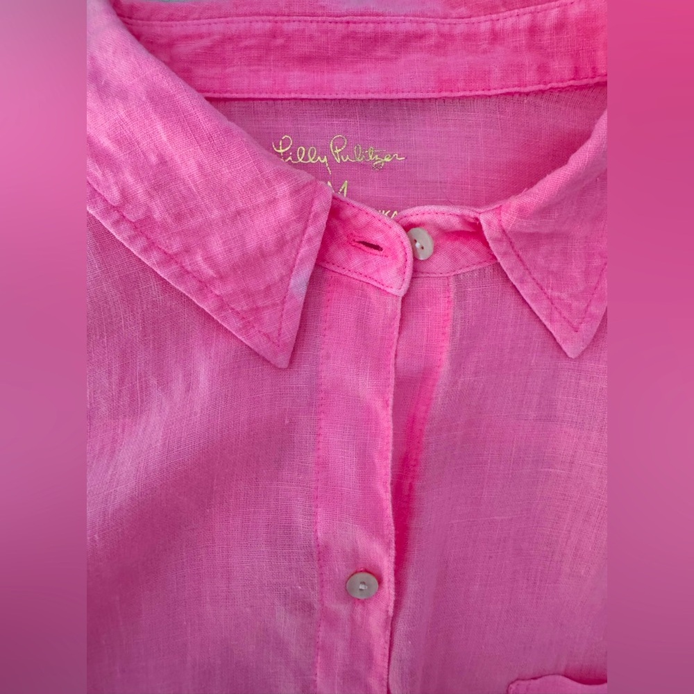Lilly Pulitzer Sea View Linen Button-Down Top SZ M Sunrise Coral - Picture 10 of 14